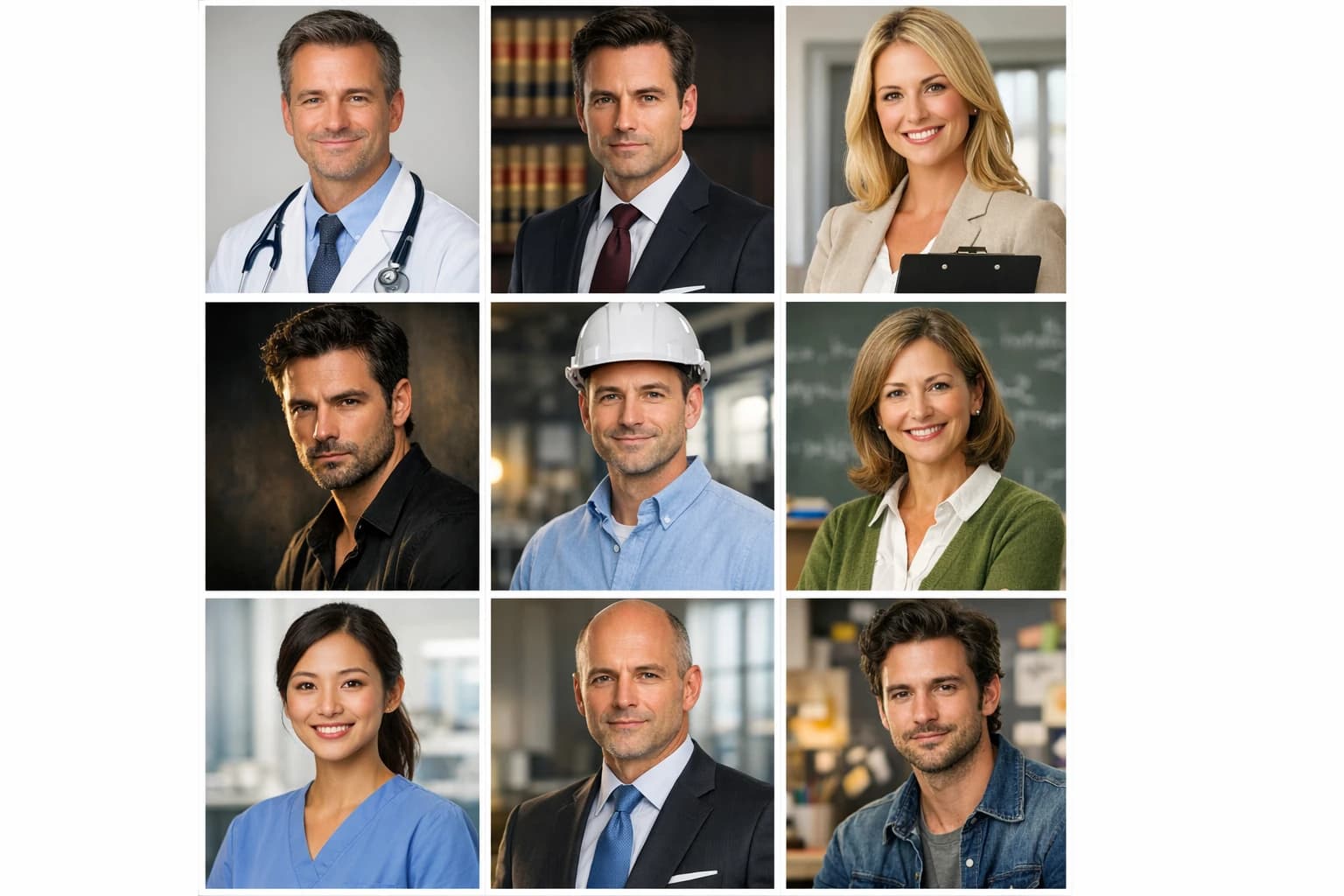 Various professional AI headshots including ERAS, realtor, and business styles