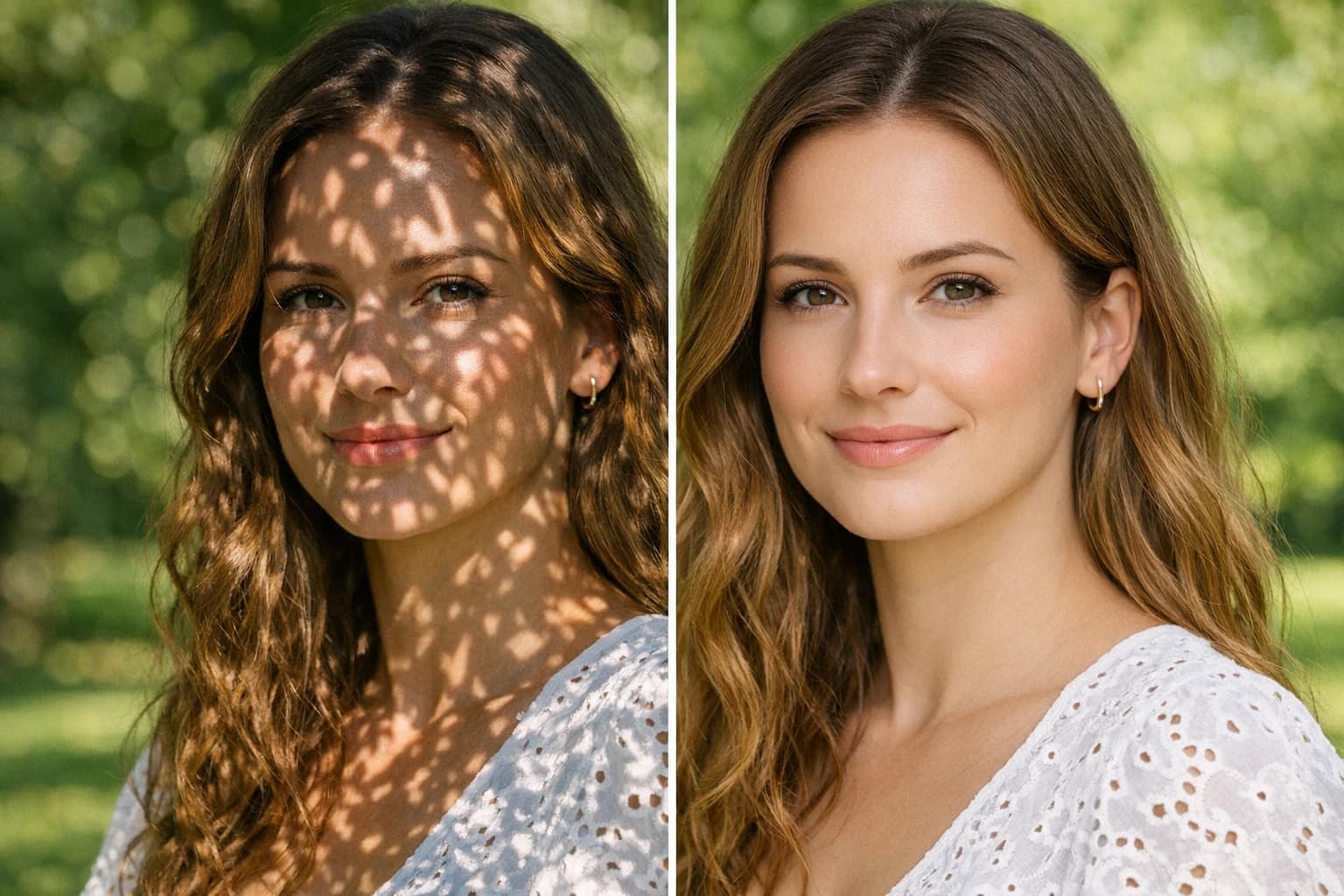 Portrait with harsh shadows corrected to even natural lighting